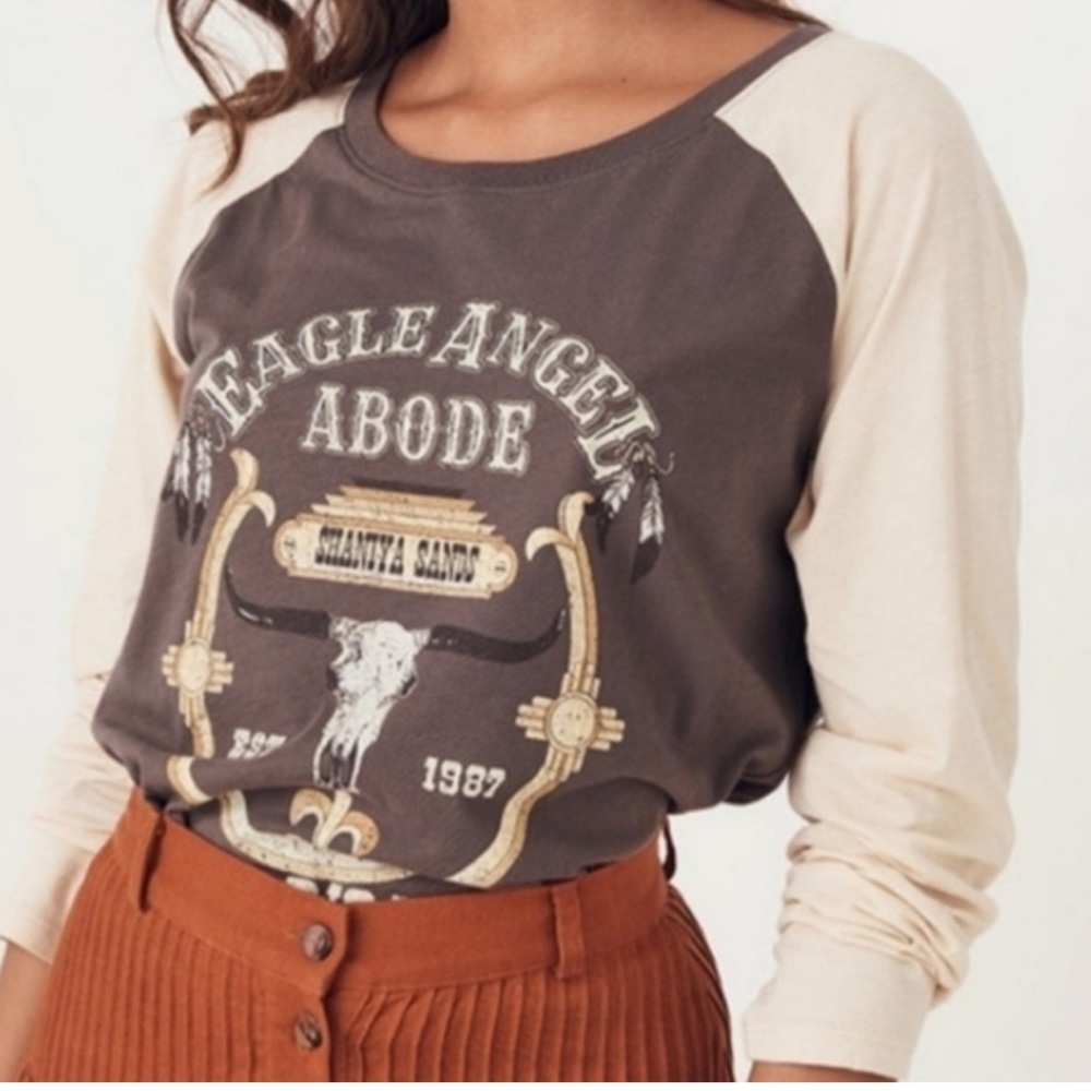 Spell Gypsy Collective Women’s Tee Shirt Eagle Angel Abode Raglan Brown Two Tone